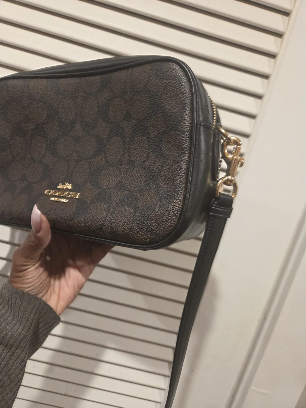 Coach Dark Brown Signature Canvas Crossbody with Gold Hardware